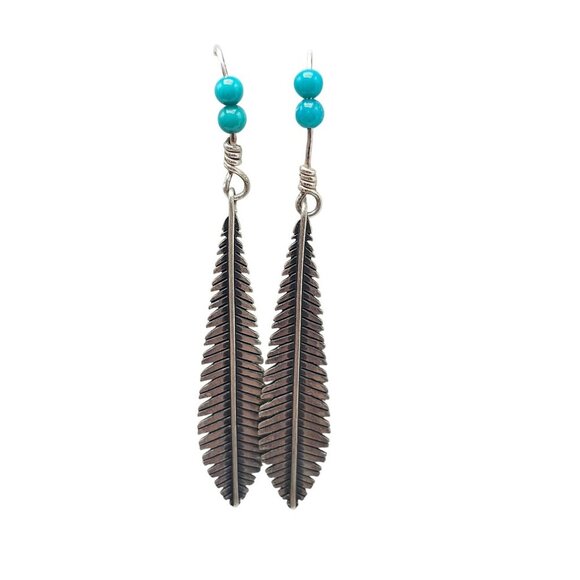 Sterling Silver Feather Earrings With Turquoise Beads Fish Hook Design - Picture 1 of 5